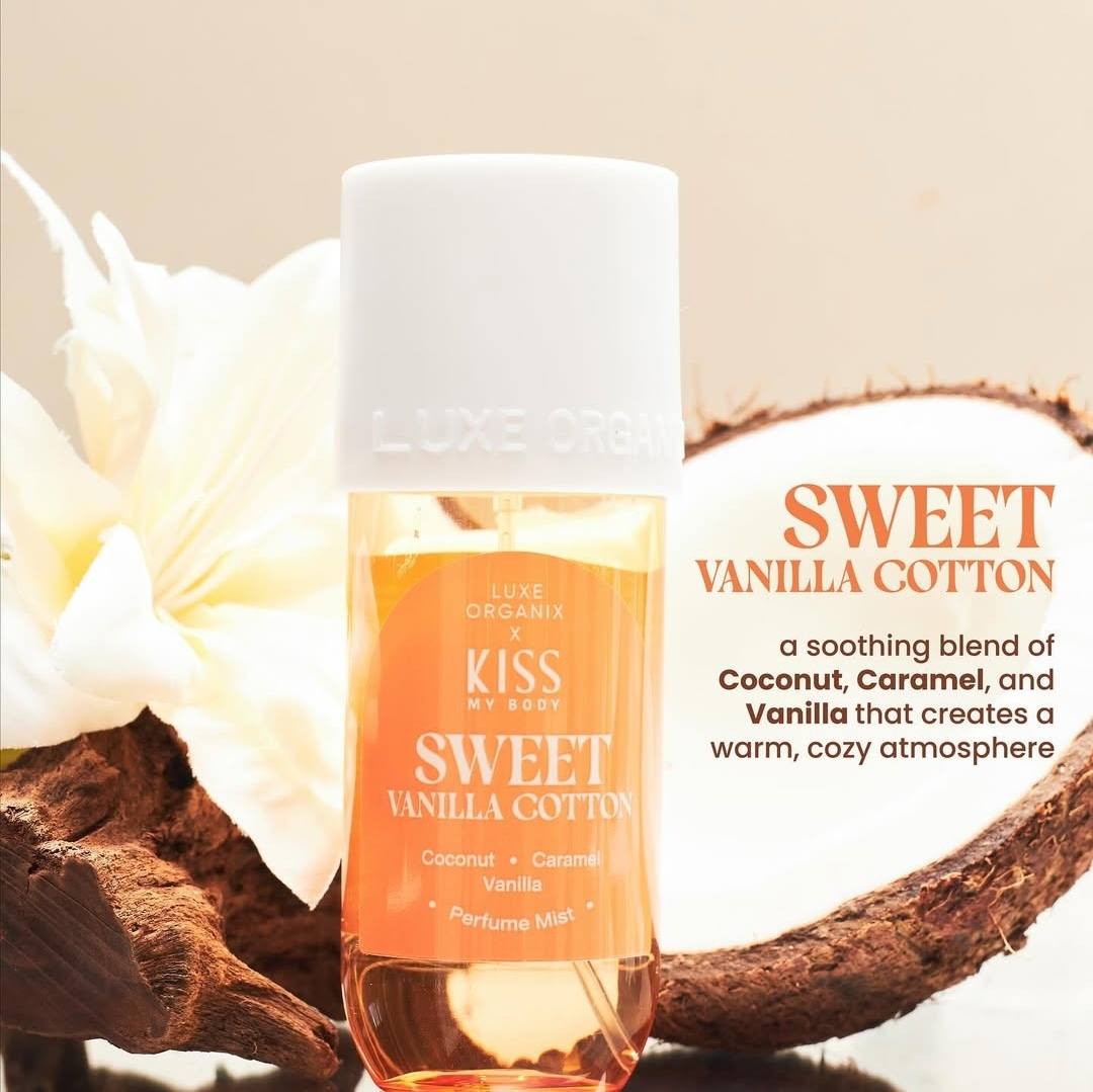 Luxe Organix Kiss my Body Sweet Vanilla Cotton Perfume Mist bottle with a soft, floral design and 88mL capacity.