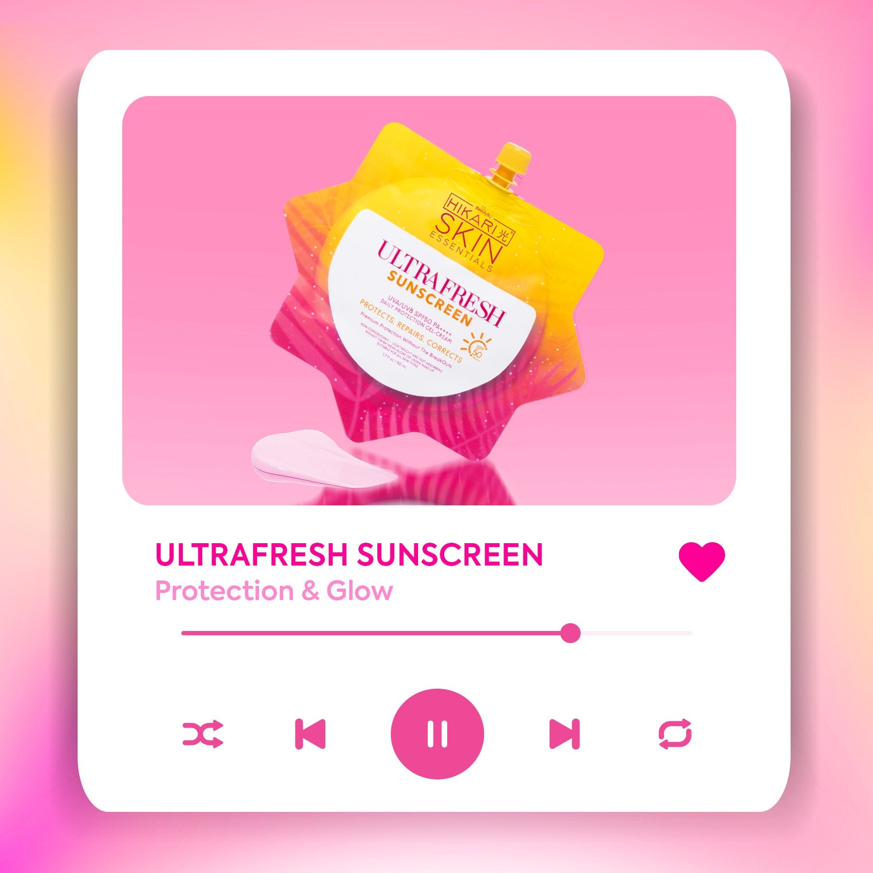 Hikari Skin Essentials Ultra Fresh Sunscreen sachet, 50mL, showing packaging with a fresh, lightweight sunscreen formula.