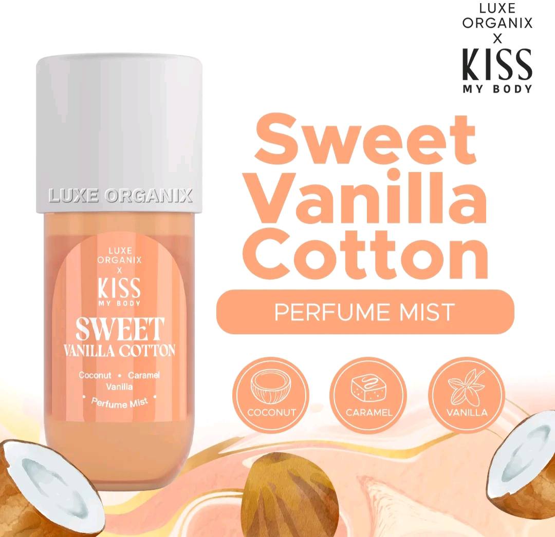 Luxe Organix Kiss my Body Sweet Vanilla Cotton Perfume Mist 88mL bottle with a soft, elegant design and vanilla scent.