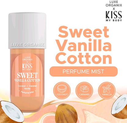 Luxe Organix Kiss my Body Sweet Vanilla Cotton Perfume Mist 88mL bottle with a soft, elegant design and vanilla scent.
