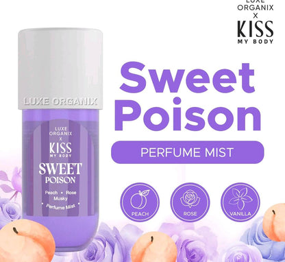 Luxe Organix Kiss My Body Sweet Poison Perfume Mist 88mL bottle with a floral design on a soft background.
