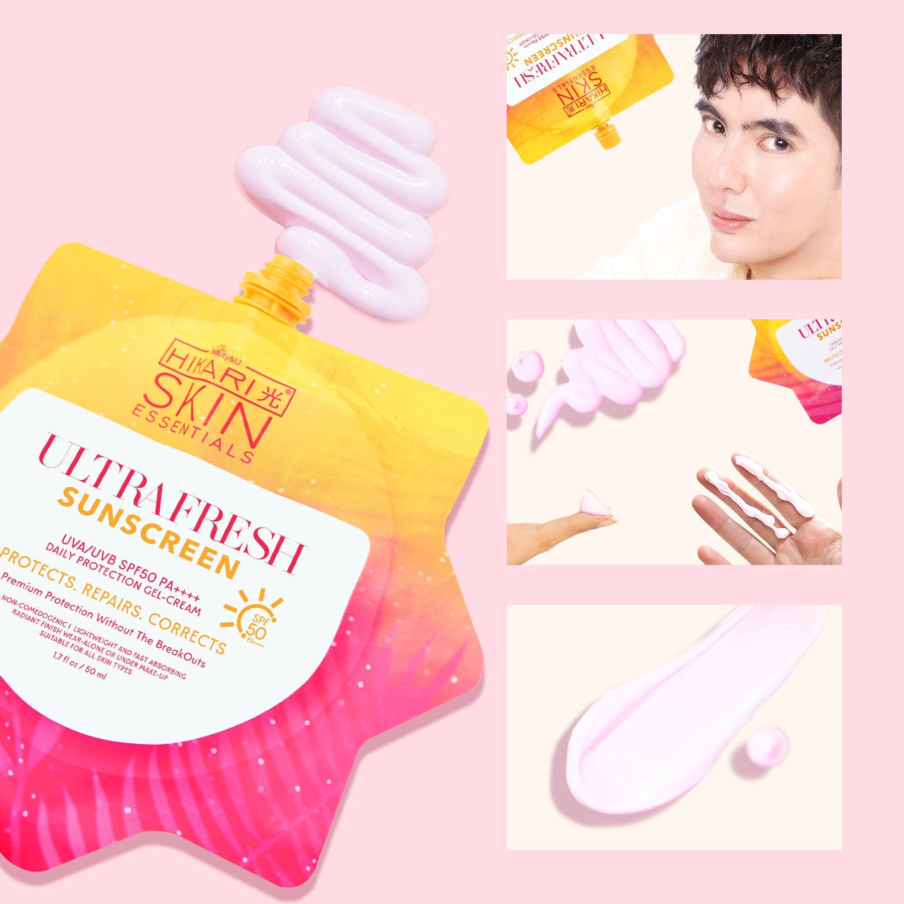 Hikari Skin Essentials Ultra Fresh Sunscreen sachet, 50mL, showcasing product texture and packaging design.