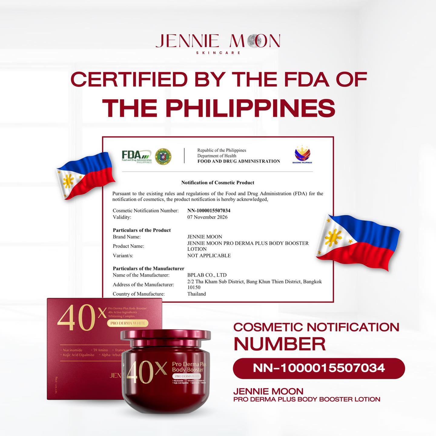 Jennie Moon 40X Pro Derma Plus Body Booster 250g in a sleek container, showcasing the product's label and texture.