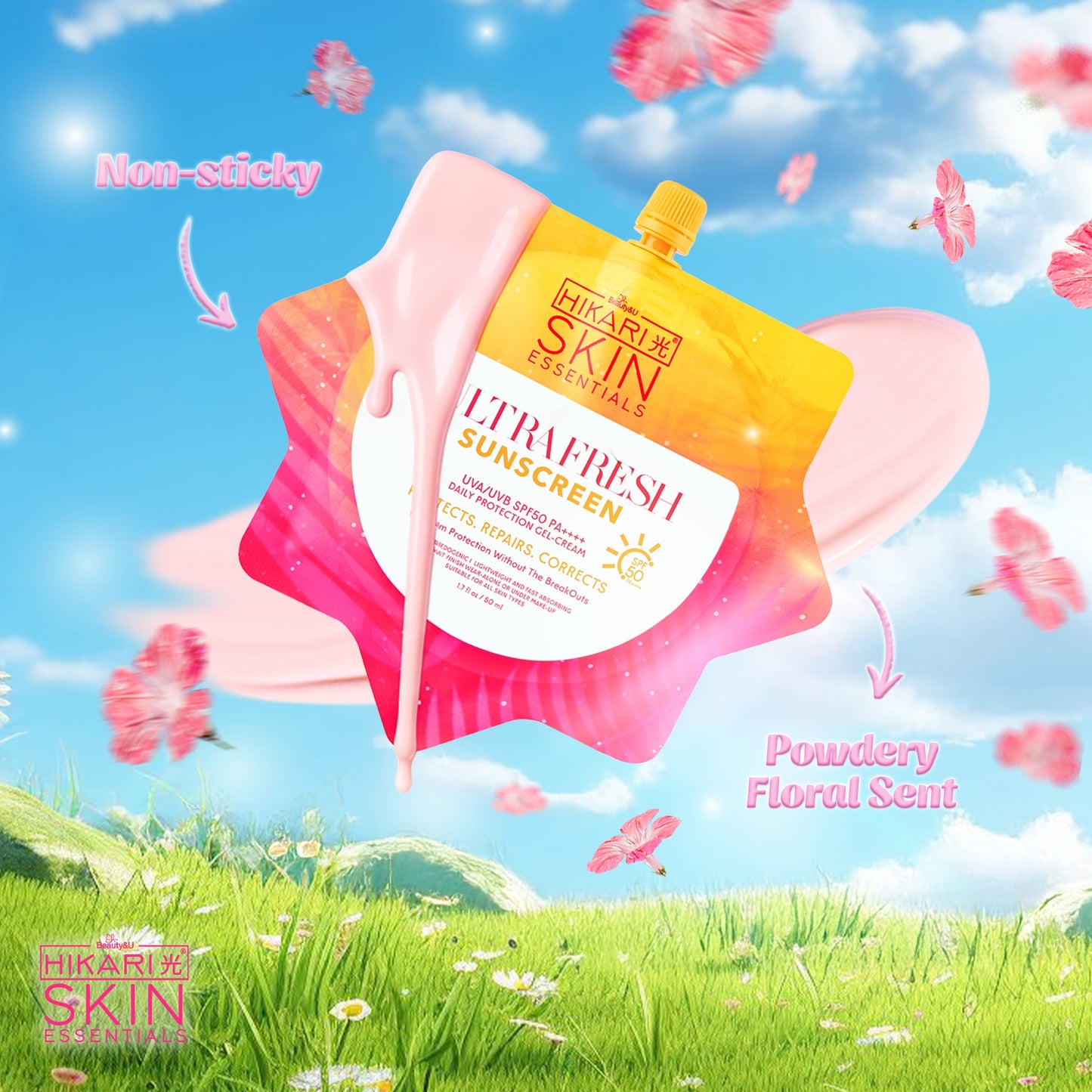 Hikari Skin Essentials Ultra Fresh Sunscreen sachet, 50mL, displaying lightweight texture and protective formula.