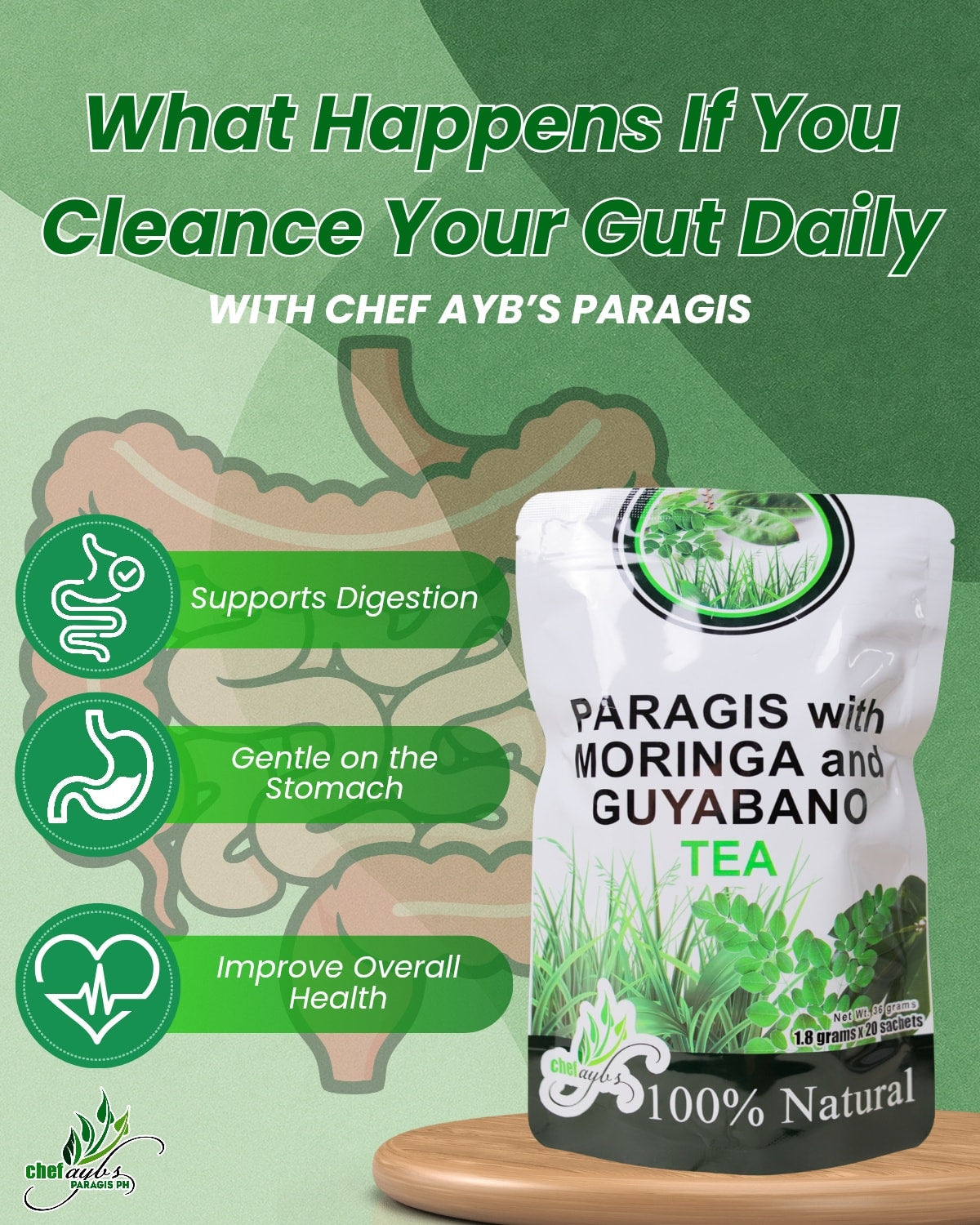 Chef Aybs Paragis tea sachets featuring paragis, moringa, and guyabano, packaged in a box of 20.