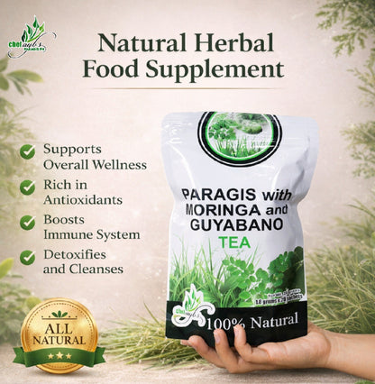 Chef Aybs Paragis Paragis, Moringa, and Guyabano tea sachets in a box with 20 individual 1.8g packets.