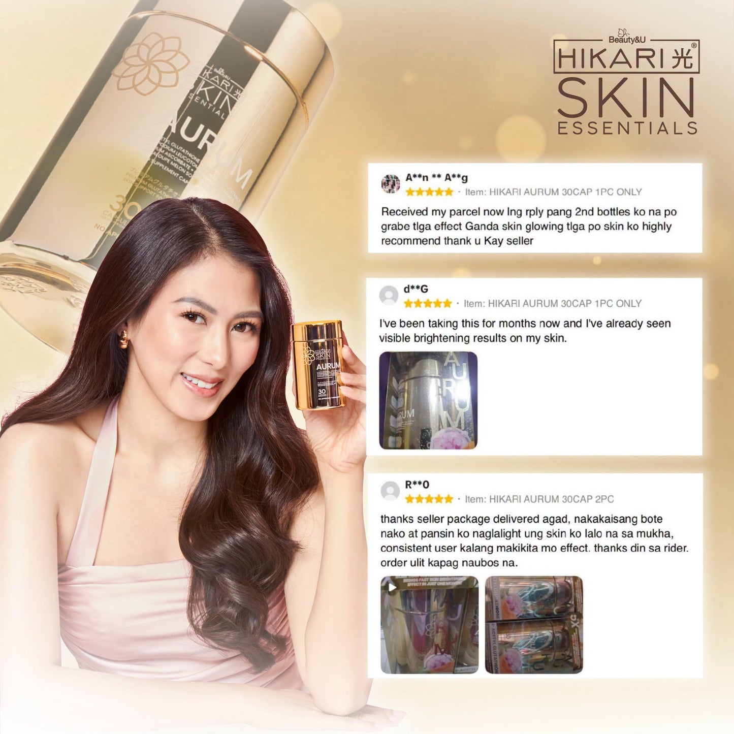 Hikari Skin Essentials Aurum supplement bottle with 30 caps, natural skin support supplement from Hikari Skin Essentials.