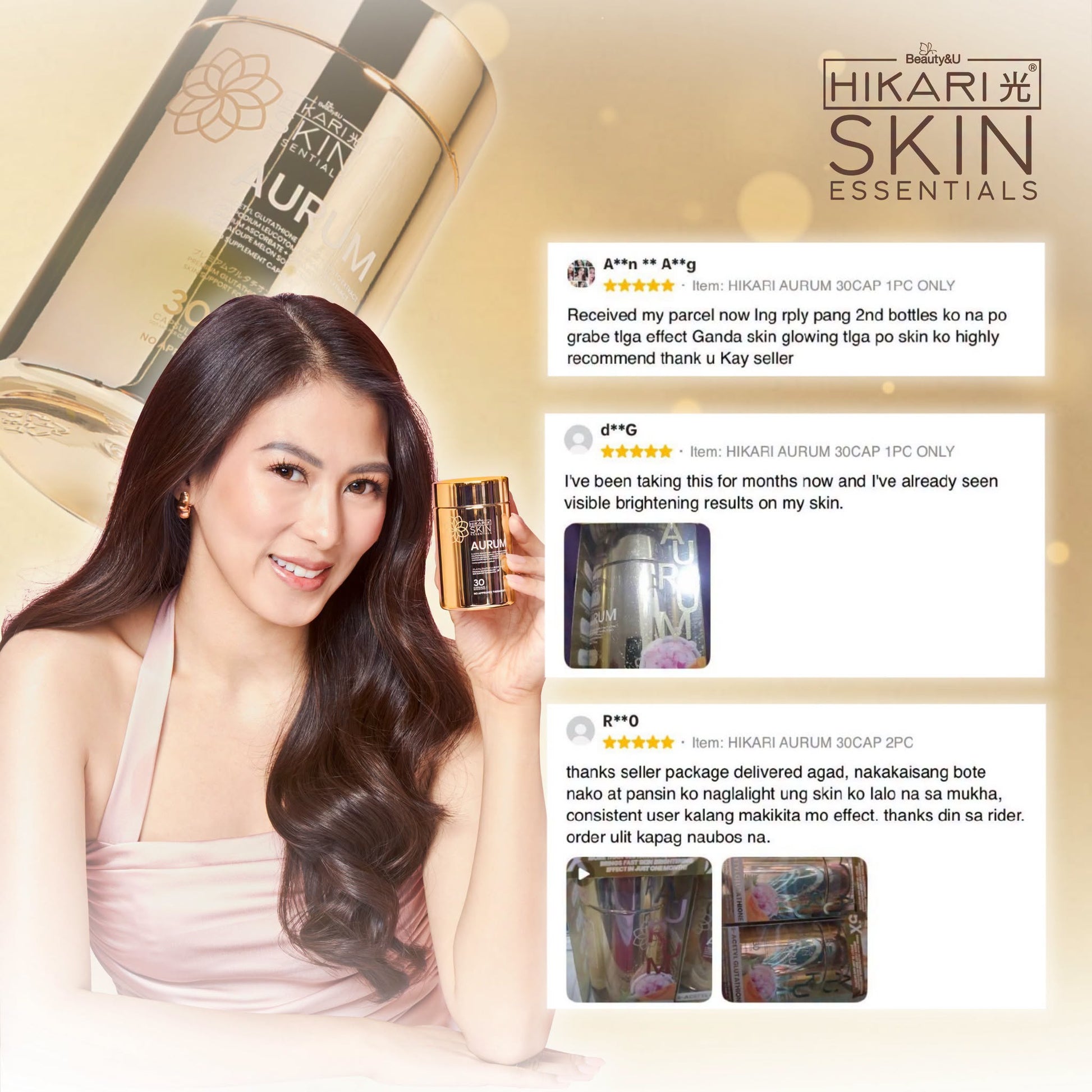 Hikari Skin Essentials Aurum supplement bottle with 30 caps, natural skin support supplement from Hikari Skin Essentials.