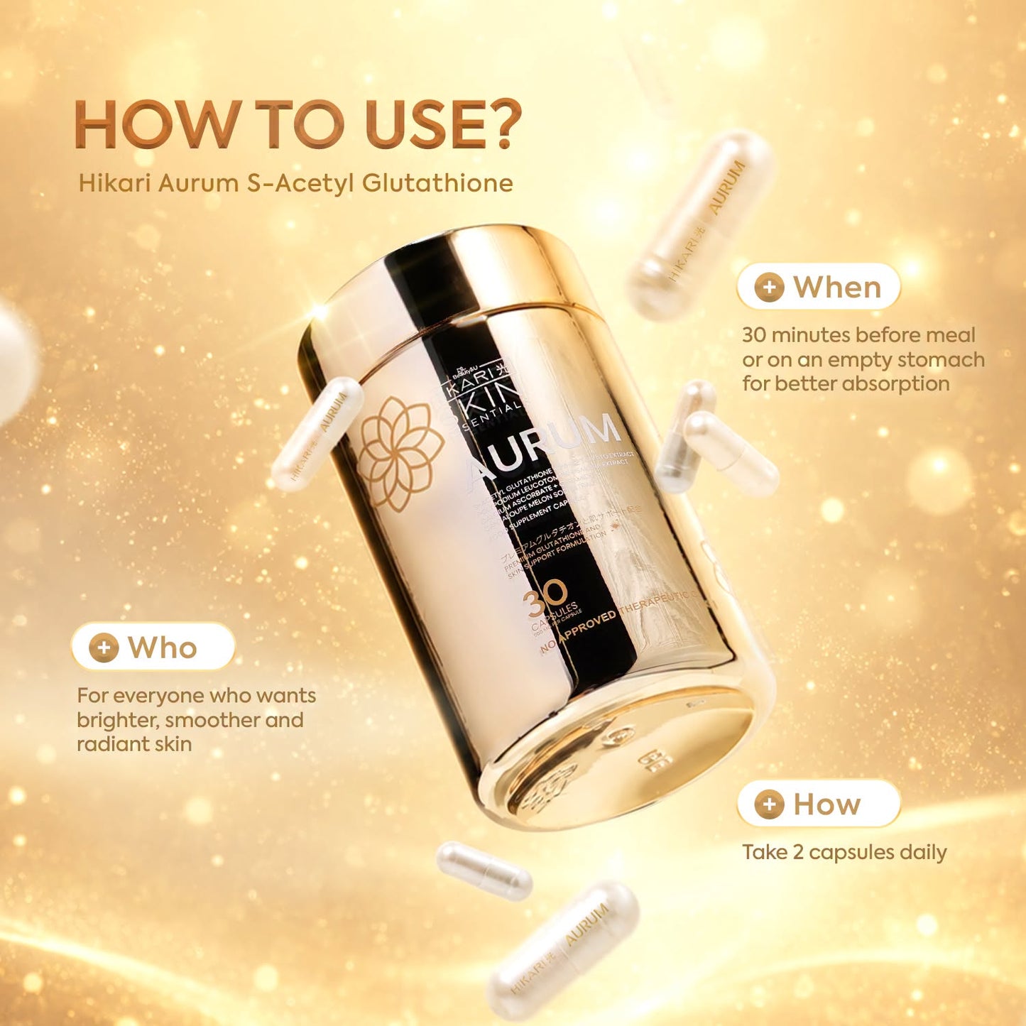 Hikari Skin Essentials Aurum supplement capsules in a bottle, designed to support healthy skin from the Hikari Skin Essentials brand.