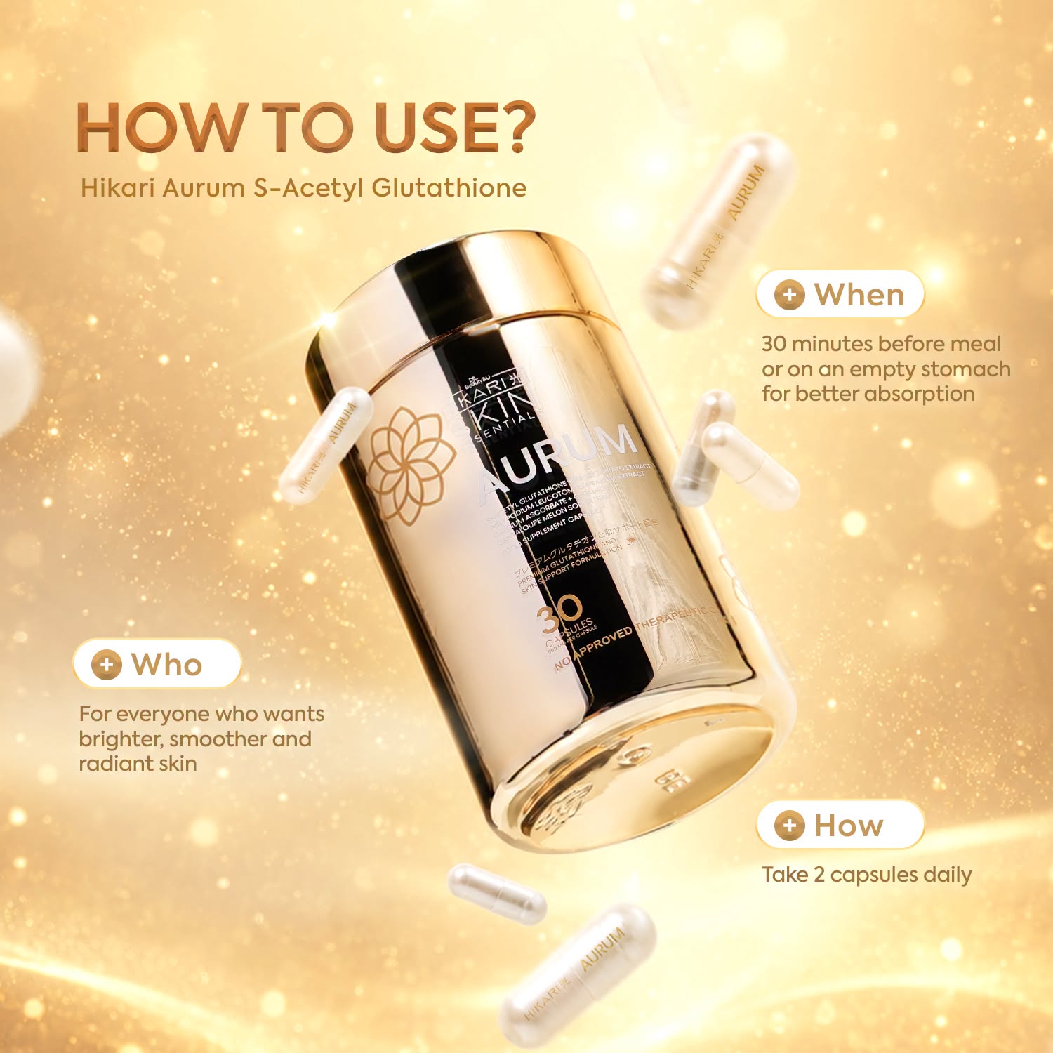 Hikari Skin Essentials Aurum supplement capsules in a bottle, designed to support healthy skin from the Hikari Skin Essentials brand.