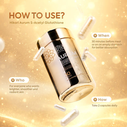 Hikari Skin Essentials Aurum supplement capsules in a bottle, designed to support healthy skin from the Hikari Skin Essentials brand.