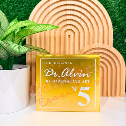 Dr. Alvin Rejuvenating Set No. 5 displayed with facial cream, toner, and cleanser in elegant packaging on a white background.