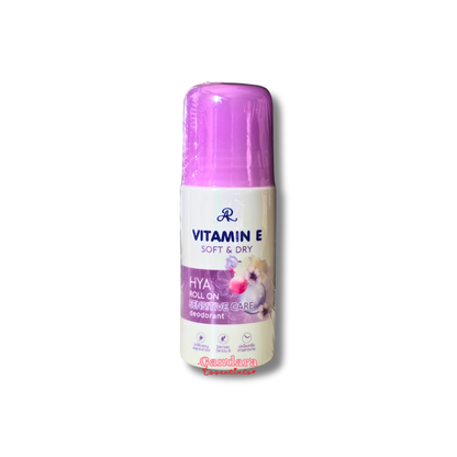 AR Vitamin E Soft & Dry HYA roll-on deodorant in 60mL container, featuring smooth application and skin-nourishing ingredients.