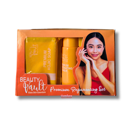 Beauty Vault premium rejuvenating skin care set with various creams and serums in sleek packaging.