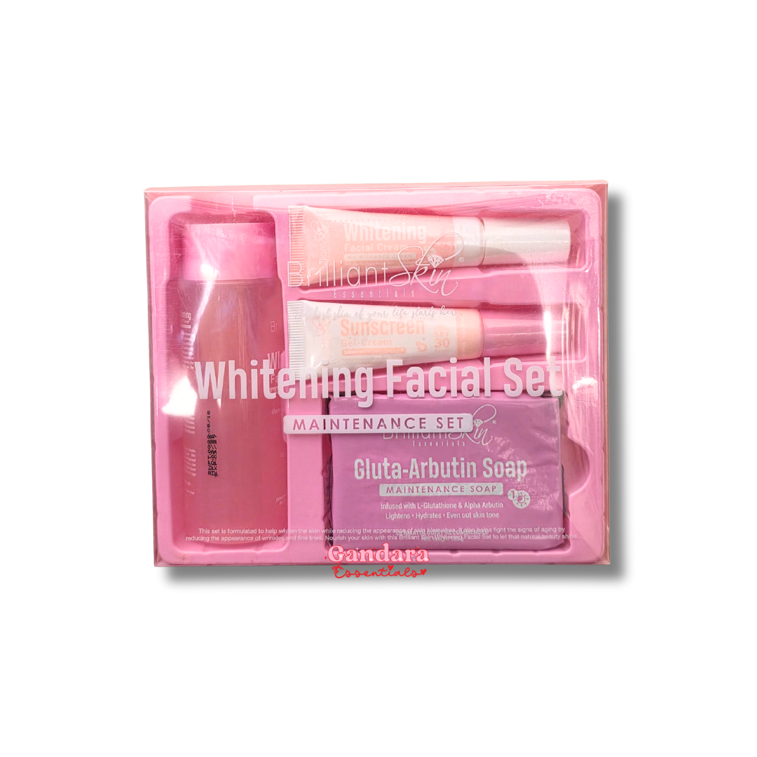 Brightening facial skincare set from Brilliant Skin Essentials, includes cleansing, whitening creams, and moisturizer for healthy skin.