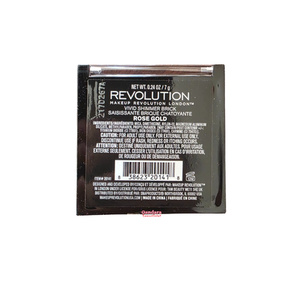 Revolution Vivid Shimmer Brick in Rose Gold, showcasing a palette of shimmering shades in a compact makeup design.