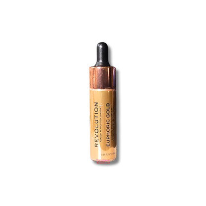 Revolution Liquid Highlighter in a clear bottle, showcasing its shimmering golden hue, 0.61 oz/18 mL size.