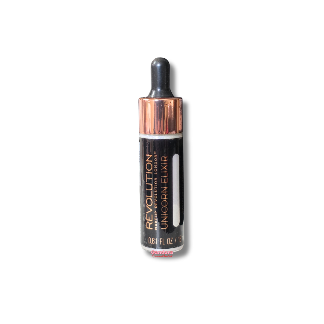 Revolution liquid highlighter in a 0.61 oz bottle, showcasing a shimmering glow for radiant skin.