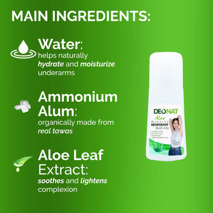 Deonat Aloe Mineral Deodorant Roll On 65mL with a sleek bottle design and label featuring aloe vera graphics.