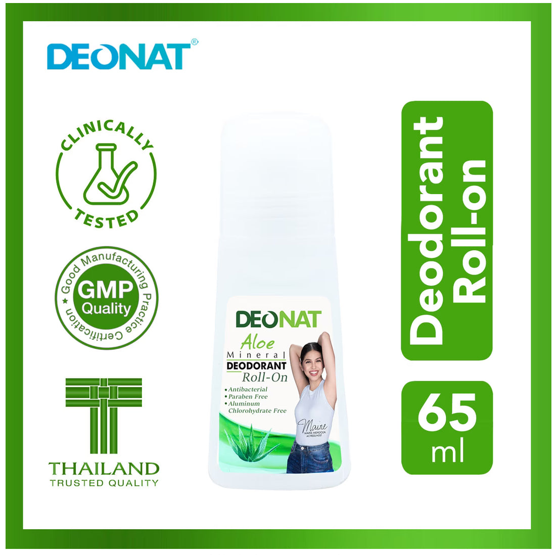 Deonat Aloe Mineral Deodorant Roll On, 65mL, featuring a sleek bottle design with a roll-on applicator.