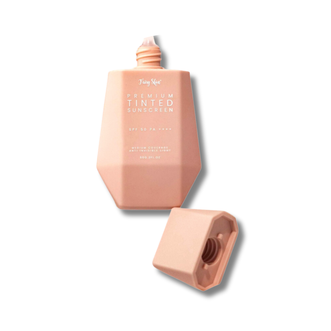 Fairy Skin Premium Tinted Sunscreen SPF 50 in a 50g tube with a light, natural tint for sun protection.