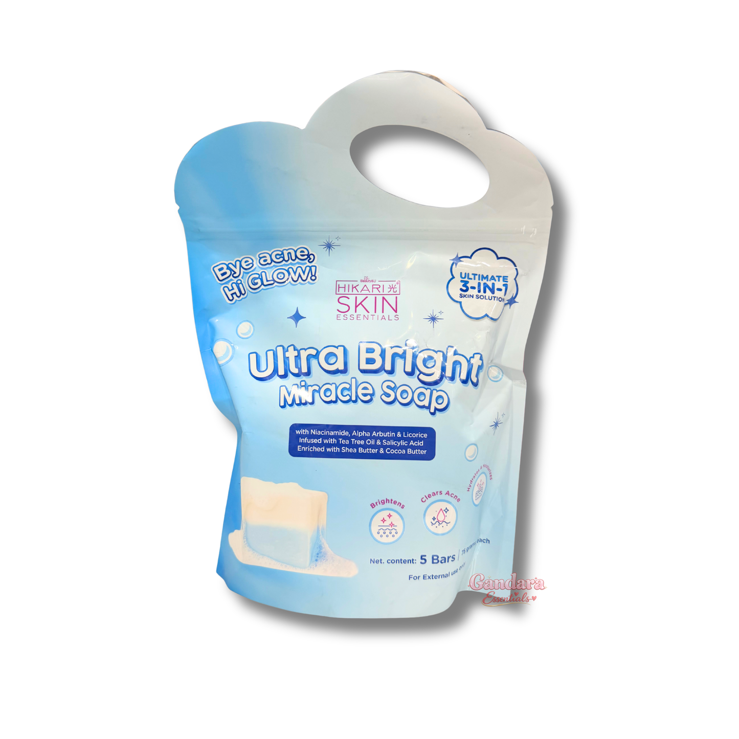 Hikari Skin Essentials Ultra Bright Miracle Soap 75g, stacked in a box, showcasing bright, smooth skin benefits.