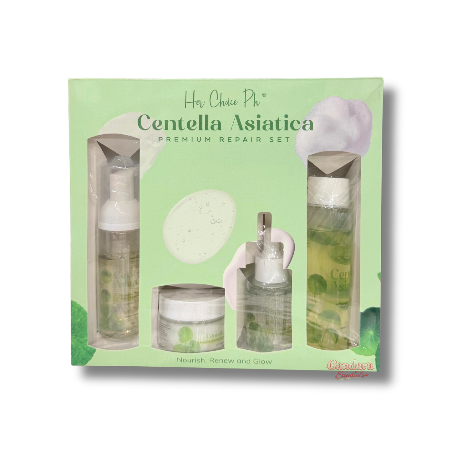 Her Choice PH Centella Asiatica skin care set with bottles and jars, natural ingredients for soothing and healing skin.