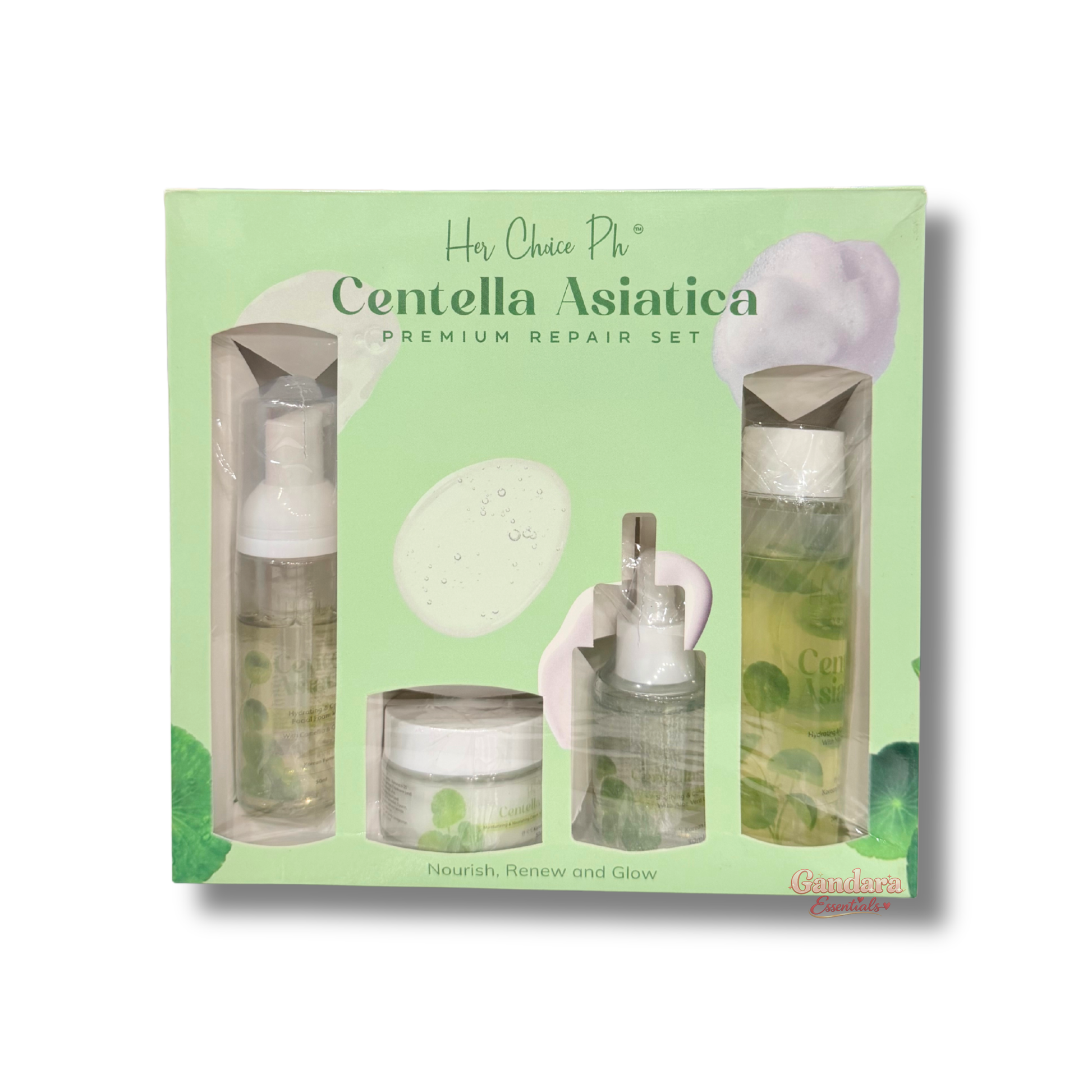 Her Choice PH Centella Asiatica skin care set with bottles and jars, natural ingredients for soothing and healing skin.