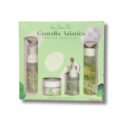 Her Choice PH Centella Asiatica skin care set with bottles and jars, natural ingredients for soothing and healing skin.