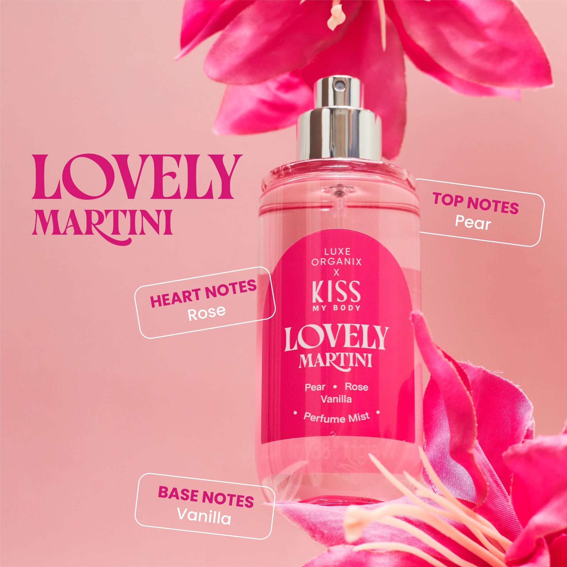 Luxe Organix Kiss my Body Lovely Martini Perfume Mist 88mL bottle with elegant design and floral scent notes.
