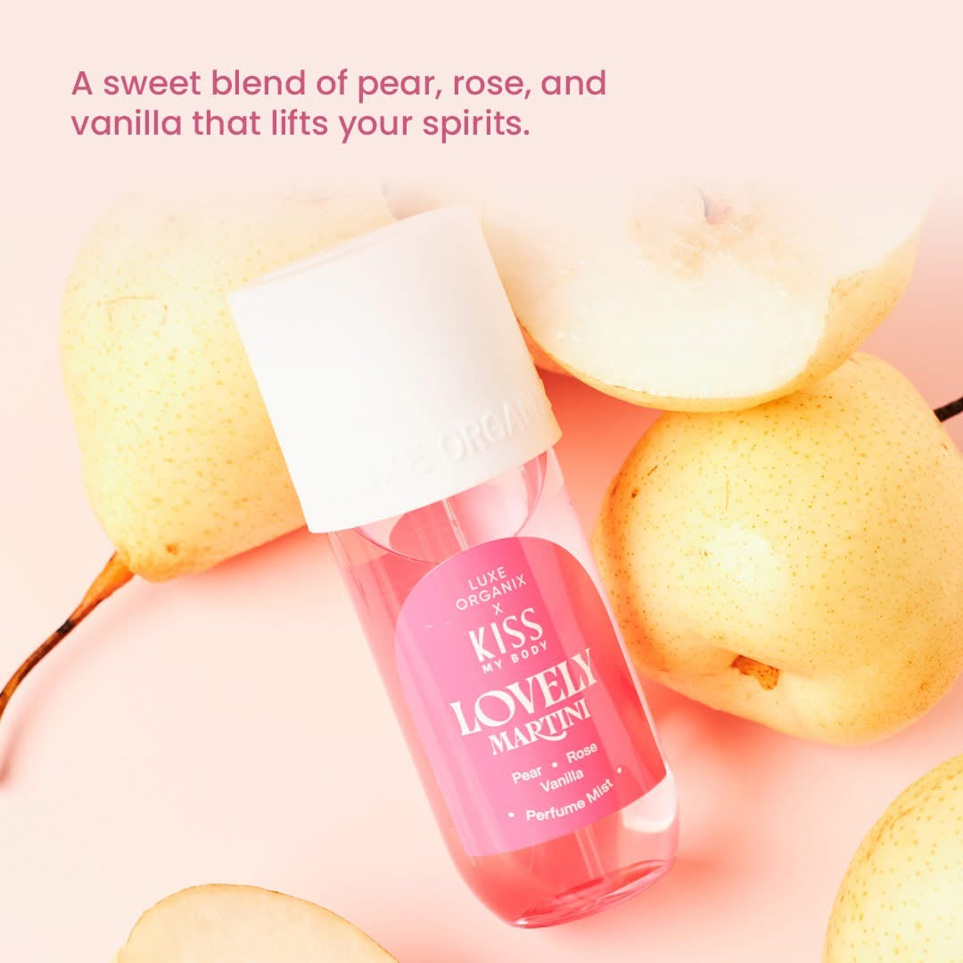 Luxe Organix Kiss my Body Lovely Martini Perfume Mist 88mL bottle with a sleek design and floral notes displayed.