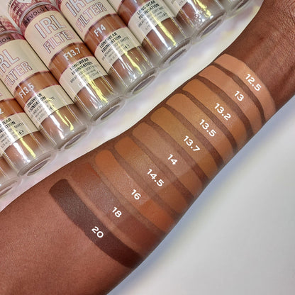 Revolution IRL Filter 16H Longwear Soft Matte Foundation swatches in various shades on a labeled palette.