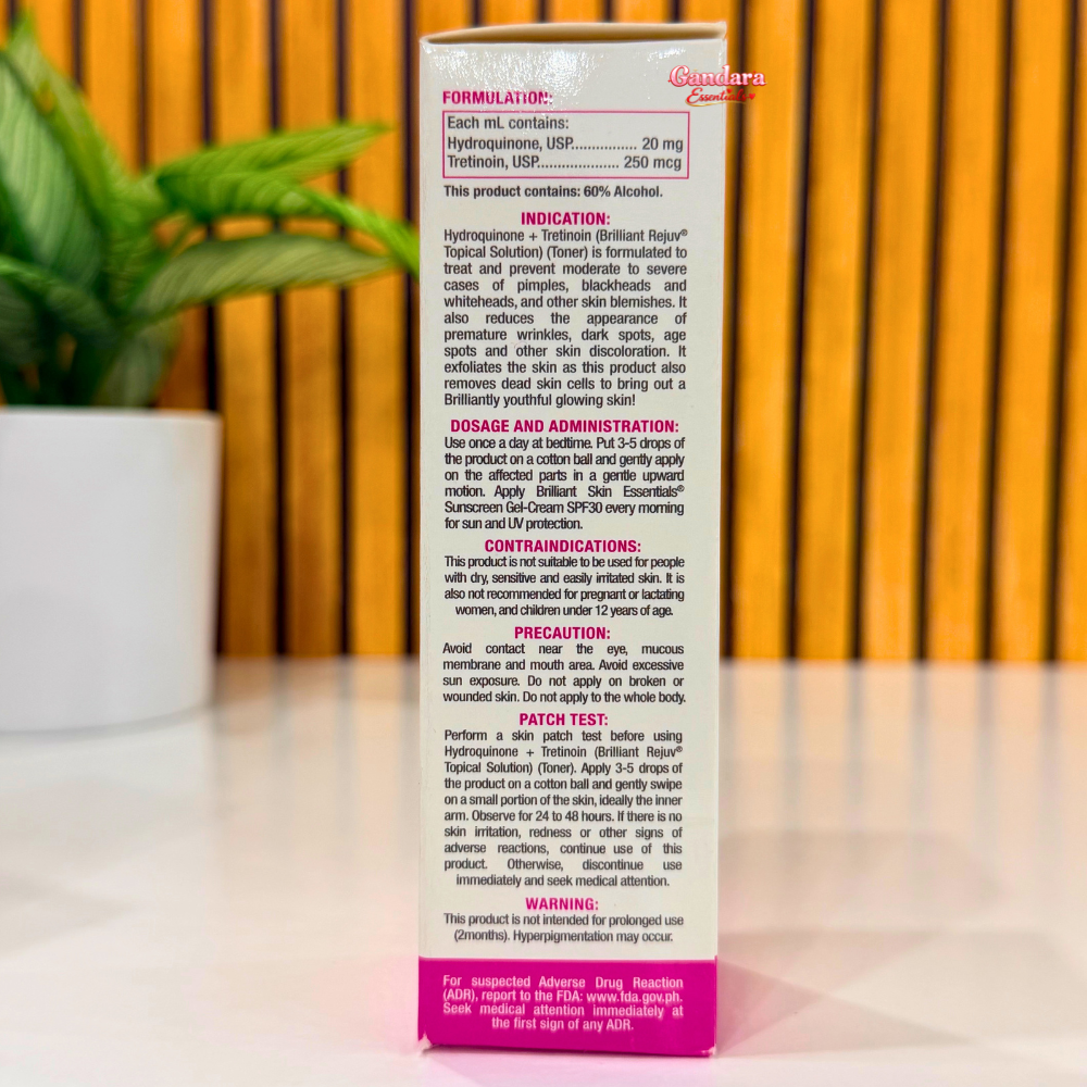 Close-up of ingredients in a bottle of Brilliant Skin Essentials Rejuvenating Facial Toner, 135mL, showing botanical extracts and natural components.