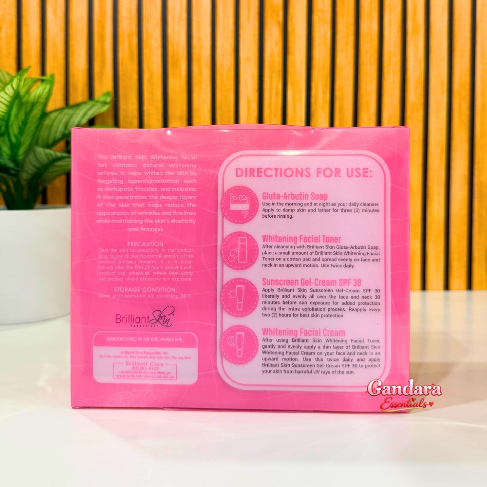 Brilliant Skin Essentials Whitening Facial Set skincare ingredients displayed in small containers, focusing on skin care products.