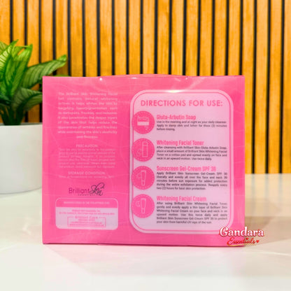 Brilliant Skin Essentials Whitening Facial Set skincare ingredients displayed in small containers, focusing on skin care products.