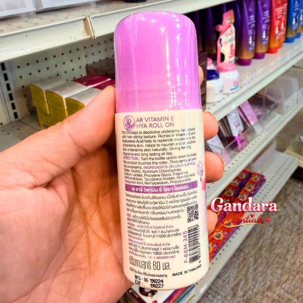 AR Vitamin E Soft & Dry HYA Roll-On Deodorant 60mL with ingredients visible in the image, highlighting skin-friendly components.