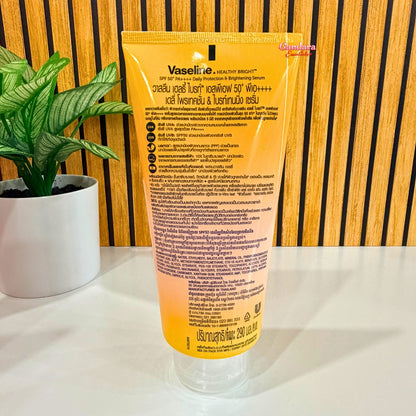 Vaseline Healthy Bright Daily Protection Body Serum SPF50+ PA++++ lotion with visible ingredients on label, 290mL bottle.