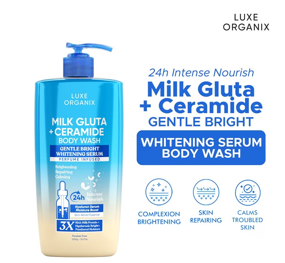Luxe Organix Milk Gluta + Ceramide body wash in blue, 1000g bottle, showcasing a gentle brightening formula.