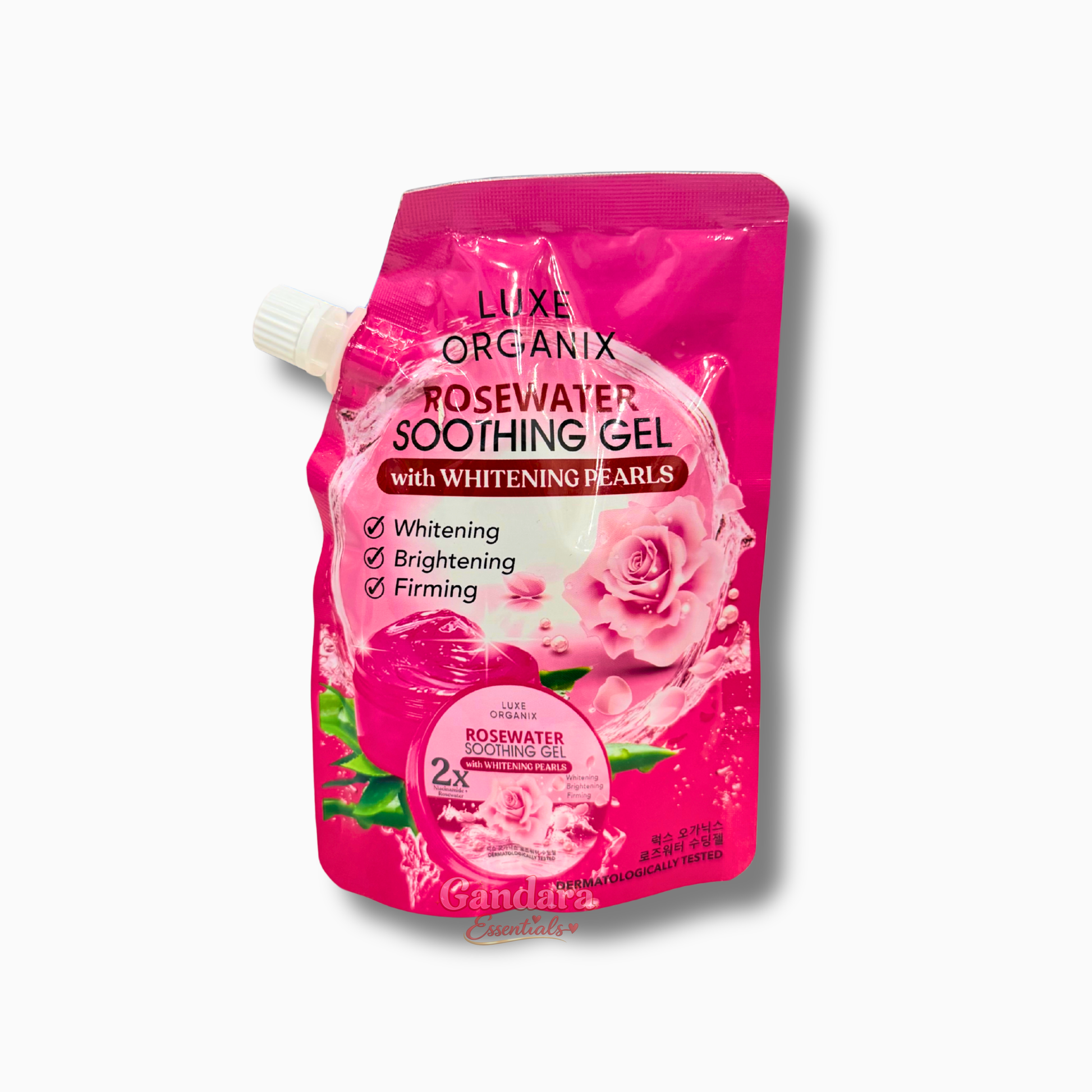 Luxe Organix Rosewater Soothing Gel with Whitening Pearl, clear gel in a jar with rose and pearl accents, for skin hydration and brightening.