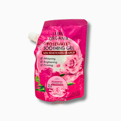 Luxe Organix Rosewater Soothing Gel with Whitening Pearl, clear gel in a jar with rose and pearl accents, for skin hydration and brightening.