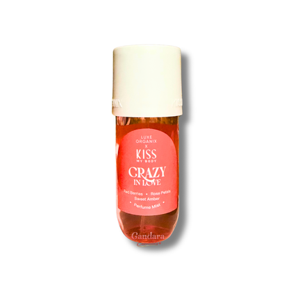 Luxe Organix Kiss my Body Crazy in Love Perfume Mist bottle with floral design, 88mL, set against a soft background.