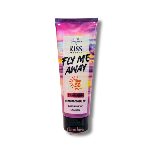 Luxe Organix Kiss My Body Fly Me Away Perfume Lotion SPF 50 in a 200g container with a floral design.