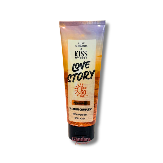 Luxe Organix Kiss my Body Love Story Perfume Lotion SPF 50 in a 200g bottle with floral design and protective packaging.