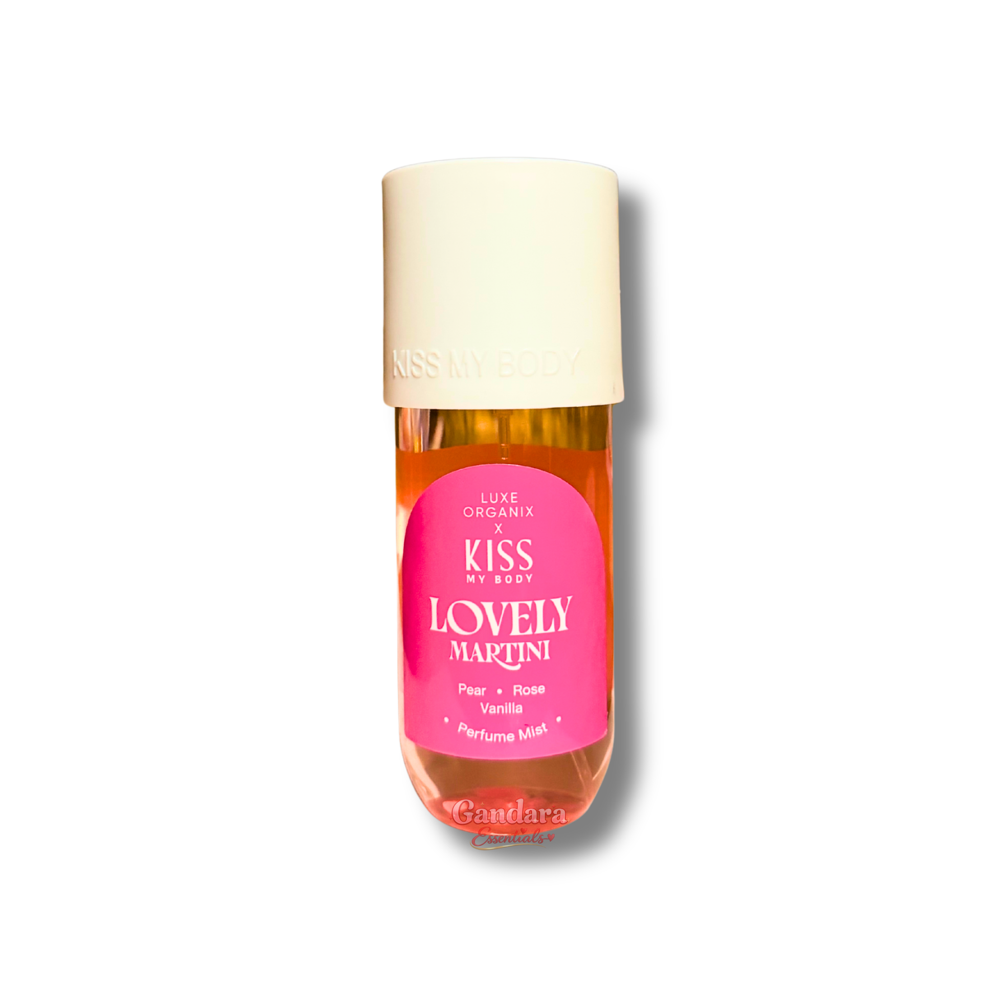 Luxe Organix Kiss my Body Lovely Martini Perfume Mist bottle, 88mL, featuring a sleek design and soft pastel colors.
