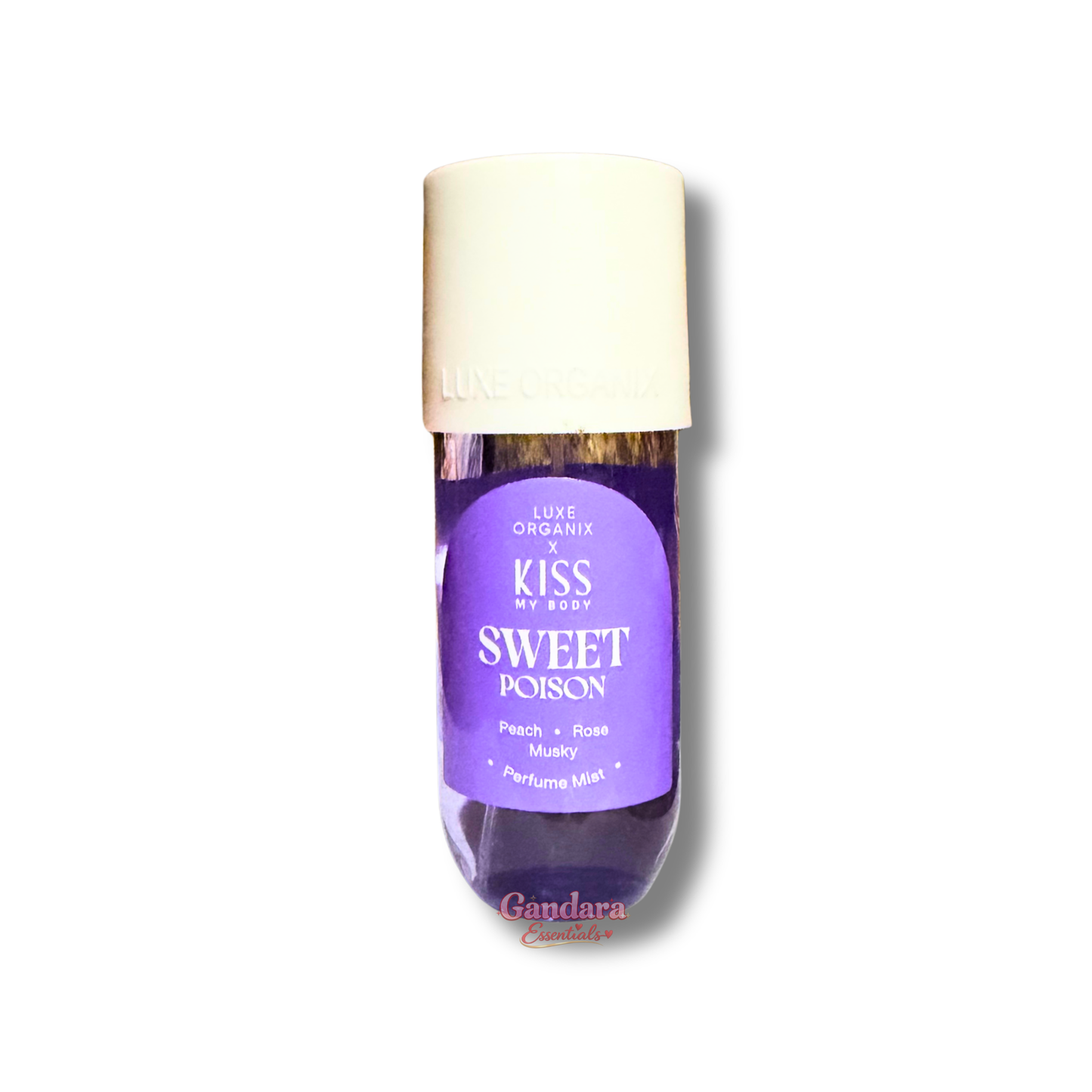 Luxe Organix Kiss my Body Sweet Poison Perfume Mist 88mL in a sleek bottle with floral design and spray nozzle.
