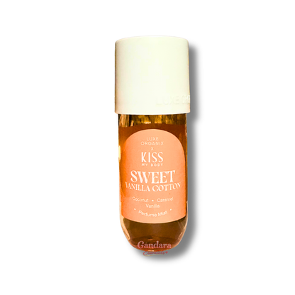 Luxe Organix Kiss my Body Sweet Vanilla Cotton Perfume Mist 88mL bottle with a soft, elegant design on a neutral background.