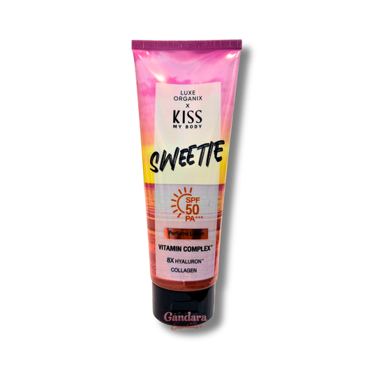 Luxe Organix Kiss my Body Sweetie Perfume Lotion SPF 50 PA+++ in a 200g tube with a floral design and protective packaging.