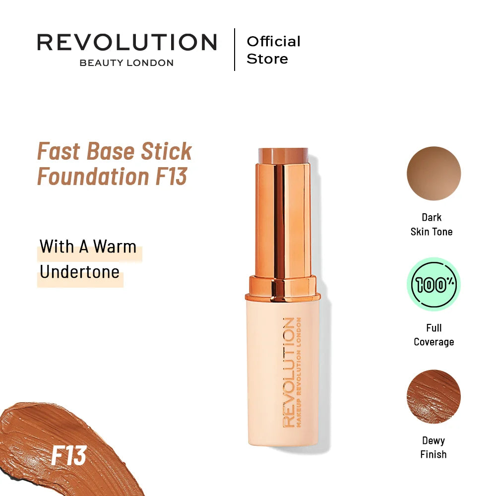 Revolution Fast Base Stick Foundation in shade F13, showcasing the stick format and creamy texture for easy application.