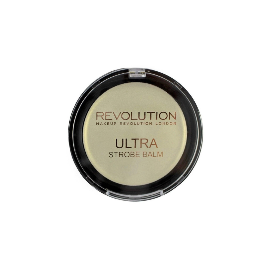 Revolution Ultra Strobe Balm Highlighter in a compact with a creamy texture and shimmering finish for radiant skin.
