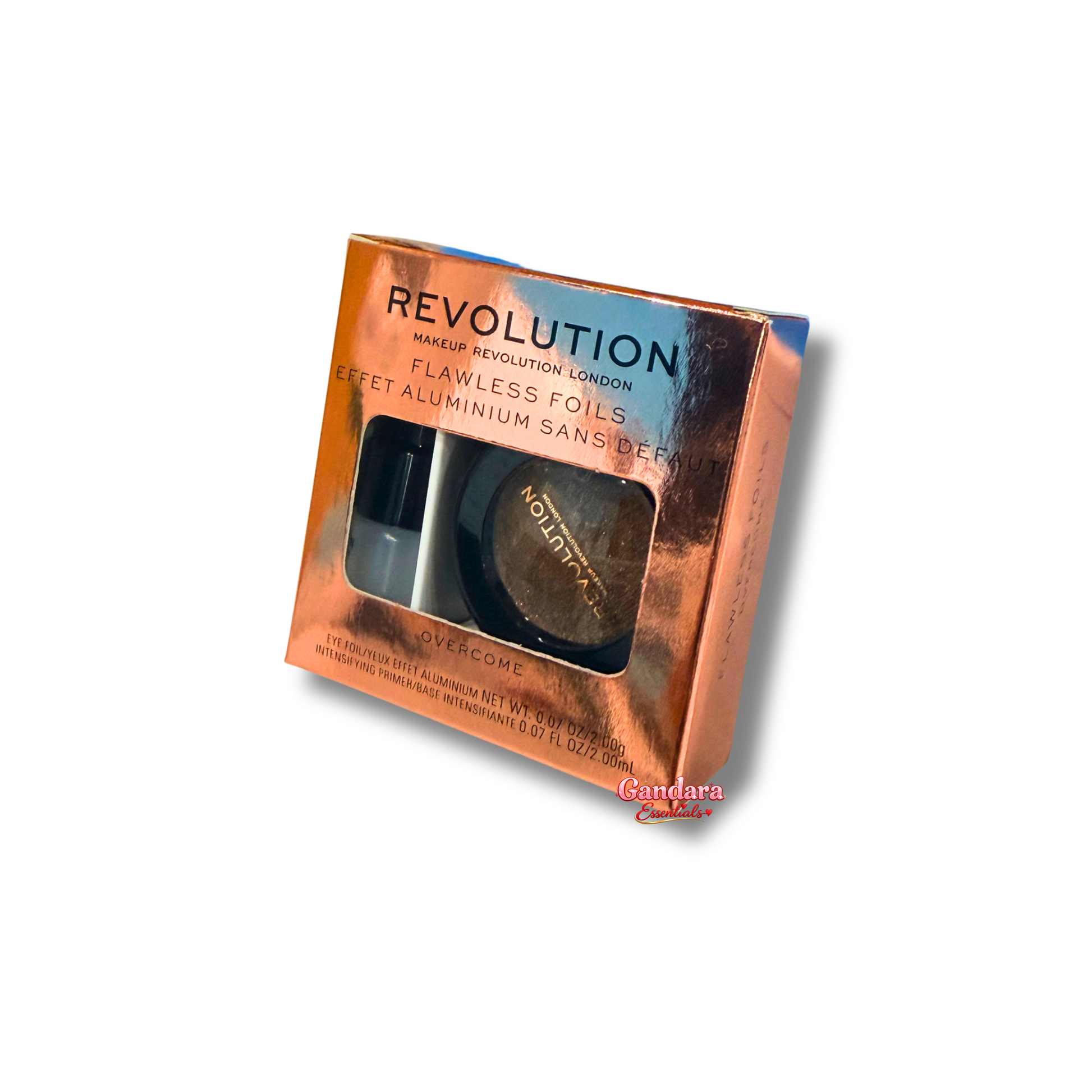 Revolution Flawless Foils Effet Aluminum eye shadows and intensifying primer set, featuring shiny, metallic makeup products.